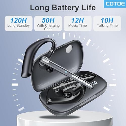 COTOE Bluetooth Headset V5.3, Wireless Earpiece with 500mAh Charging Case 72 Hrs Talking Time Hand-Free Headphones with Noise Canceling Mic for Office/Driving/Business/Trucker,Black - Thumbnail 3