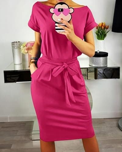 PRETTYGARDEN Women's Summer Short Sleeve Crewneck Striped Dress Basic Solid Tie Waist Office T Shirt Dresses Pockets(Rose Red,Large) - Thumbnail 3