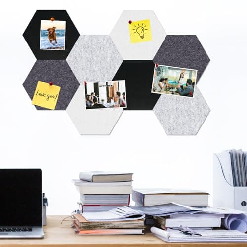 HULAVO Large Hexagon Felt Cork Board Tiles, Self Adhesive DIY Felt Bulletin Board Pin Board with 35 Pushpins for Office School Home Wall Decor(Black+Deep Grey+Light Grey) - Thumbnail 2