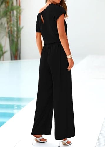 KIRUNDO Black Jumpsuits for Women Casual Summer Loose One Piece Outfits Off Shoulder Wide Leg Jumpsuit Overalls Stretchy Long Pant Rompers with Pockets 2025(Black, X-Large) - Thumbnail 2