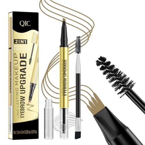 QIC Microblading Eyebrow Pencil 4 Tip with Sealing Brow Gel, 2-in-1 Waterproof Long-lasting Magic Eyebrow Pen for Natural Makeup in Light Brown
