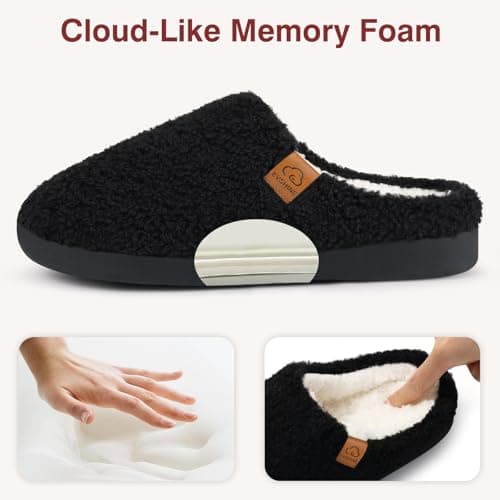 Evshine Memory Foam Fuzzy Slippers for Women Curly Fleece House Shoes Cozy Warm Indoor Slip on, Black 37 - Thumbnail 4
