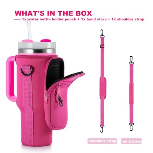 BULKITEM Water Bottle Carrier Bag with Phone Pocket for Pink Stanley 40 oz Tumbler with Handle, Hot Pink Insulated Neoprene Cup Holder Pouch Strap for Valentines Stanley Cup Accessories - Thumbnail 6