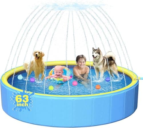 Yivsen 63in Sturdy Dog Pool with Sprinkler, 2-in-1 Non-Slip Kiddie/Kids Pool Hard Plastic, Foldable Dog Sprinkler Pools for Large Dogs, Portable Pet Swimming Pool for Summer Outdoor Backyard