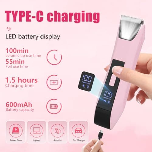 2-in-1 Bikini Trimmer for Women - Electric Razor & Pubic Hair Shaver with LED Light & Display, IPX7 Waterproof, USB-C Fast Charge, Travel Lock, Ceramic Blades for Body/Underarm/Leg, Painless Grooming - Thumbnail 5