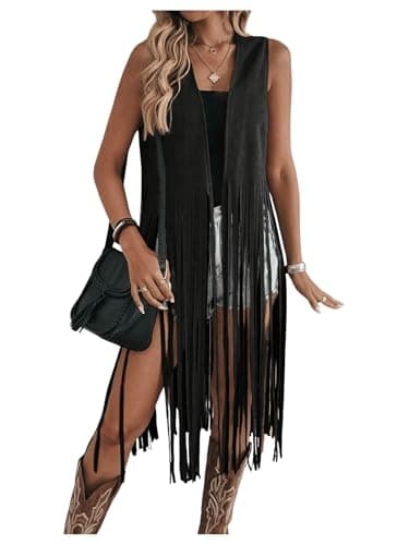 Milumia Women's Sleeveless Fringe Vest Faux Suede Western Cardigan Jacket Black X-Large - Image 1