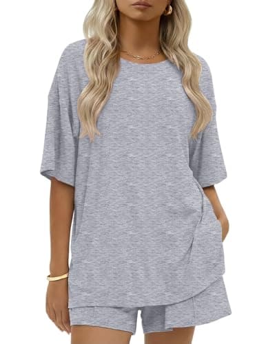 Ekouaer Womens Cotton 2 Pieces Short Sets Summer Short Sleeve Outfits Casual Matching Lounge Set with Pockets - Image 1