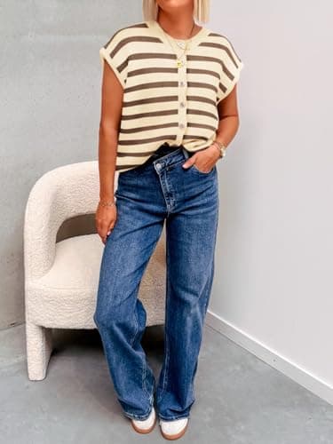 Cicy Bell Womens Striped Cap Sleeve Sweater Vest Crew Neck Button Down Cardigan Cute Knit Tops Beige - Thumbnail 4