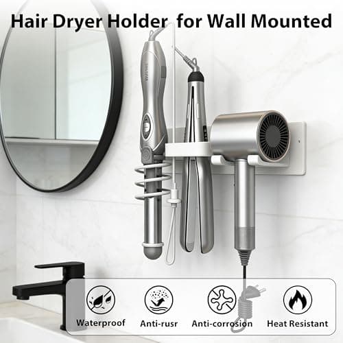 Dovyn Blow Dryer Holder Wall Mount, 3 in 1 Bathroom Hair Tool Organizer with Curling Iron Holder & Flat Iron Holder, Universal Hair Dryer Holder Rack Storage White - Thumbnail 2