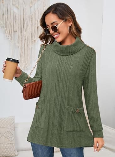 Bulotus Women's Turtleneck Sweaters 2026 Winter Long Sleeve Ribbed Knit Comfy Loose Casual Tunic Tops Vintage Green - Thumbnail 3