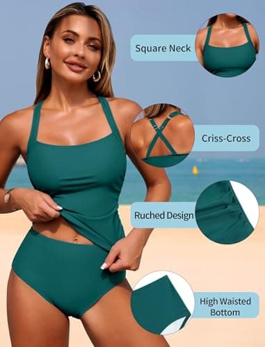 ZAFUL Tankini Swimsuits for Women Bathing Suits Ruched Full Coverage Slimming Two Piece Tummy Control Swim Suits Peacock Green XL - Thumbnail 4