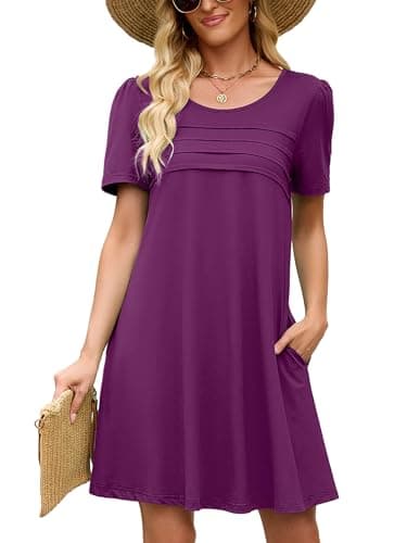Heymoments Women Short Sleeve Dress Violet Purple X-Large Plus Size Crewneck Casual Flowy Above Knee Length Sundress Comfortable Shirt Work Summer Vacation Cheap Dresses with Pockets - Image 1