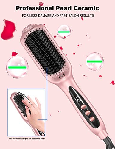 LANDOT Ionic Hair Straightener Brush – Ceramic Straightening Brush with 12 Heat Settings (250-450°F) for Smooth & Shiny Results, Ideal for Medium & Long Women Hair, Dual Voltage, Rose Gold - Thumbnail 6