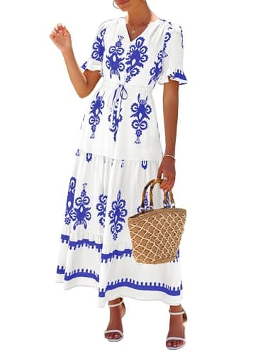 Lazysmile Summer Dresses for Women Short Sleeve V Neck Floral Drawstring Flowy A Line Boho Maxi Dress with Pockets White - Image 1