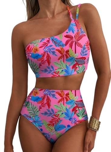 Herseas Women Bikini Sets One Shoulder Padded Swimsuits High Waisted Stretchy Full Coverage Two Piece Bathing Suits Flattering 2026 Beach Cruise Essentials Rose Tropical Leaf X-Small - Image 1