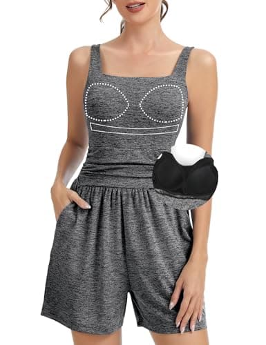 SLIMBELLE Built In Bra Athletic Rompers For Women Summer Square Neck Adjustable Strap Pleated Waist Pockets Short Jumpsuit One Piece Outfits BLACK-WHITE XL - Image 1