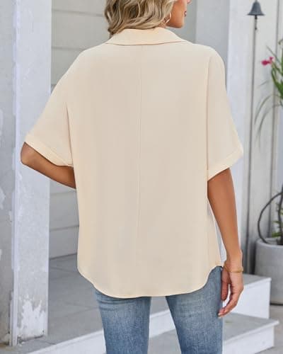 IEEILULU Women Striped Collared Shirt Casual Short Sleeve V Neck Blouse Tops Loose Fit Business Work Dressy Shirts Apricot Striped S - Thumbnail 4