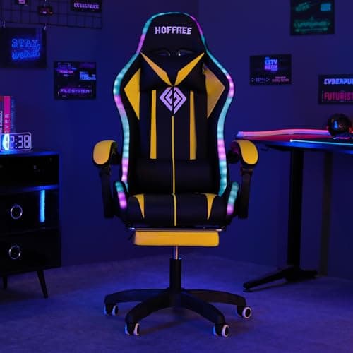 HOFFREE RGB Gaming Chair with Speakers Massage Computer Gaming Chair with LED Lights and Footrest High Back Video Game Chair for Adults Yellow and Black - Thumbnail 4