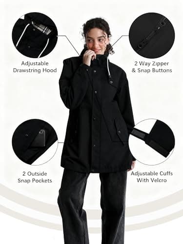 PITINAN Raincoat For Womens With Hood Lined Windbreaker Ladies Long Rain Jacket Women Waterproof With Snap Pockets Rain Trench Coat Spring Winter Travel Jacket Coats For Women Black M - Thumbnail 4
