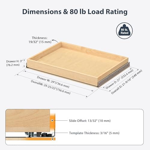 Sylunawyn Pull Out Drawers for Cabinets - Birch Wood Pull-Out Drawer 29" W x 21" D - Soft Close Slide Out Shelves for Kitchen Cabinets & Pantry Cabinet Organizer, Heavy Duty, Full-Extension - Thumbnail 2