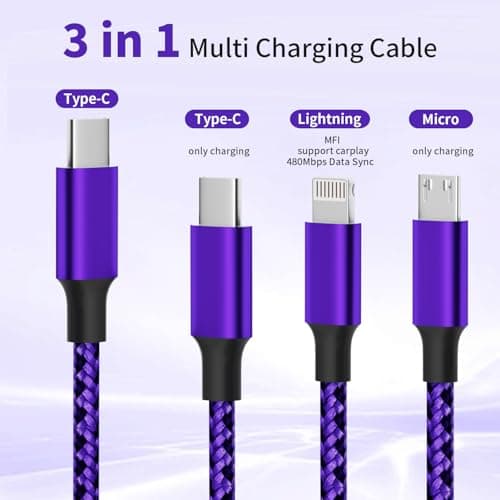 USB C Multi Charging Cable, (2 Pack 4FT), 3 in 1 Charging Cable Nylon Braided Universal Charger Cable with Type-C, Micro USB,IP Port for iPhone16/15 Series/Cell Phones & Pads and Other Devices-Purple - Thumbnail 2