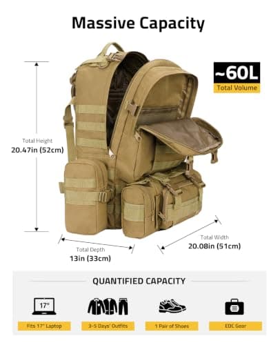 CVLIFE Tactical Backpack Military Army Rucksack 60L Large Assault Pack Detachable Molle Bag - Thumbnail 3
