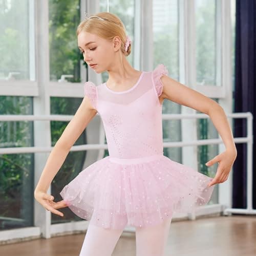 Girls Ballet Leotards 3 Pcs Set Ruffle Sleeve Dance Dress with Removable Tutu & Scrunchy Bow Back Combo Size 9-10 Pink - Thumbnail 4