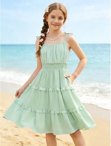 HOZIY Summer Beach Dress for Girls Spring Green Birthday Casual School Cami Midi Dresses Vestidos para Niñas Little Kids Ruched Layered Ruffled Tiered Sleeveless Party Formal Junior Sundress Size 5-6 - Thumbnail 2