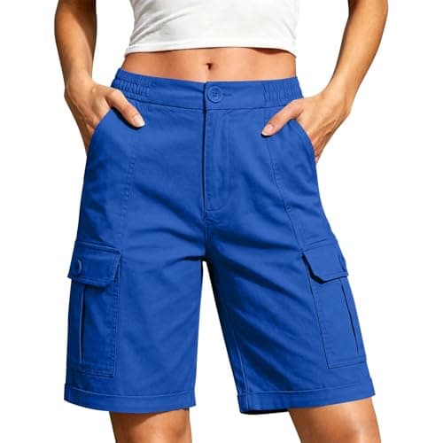 Womens Bermuda Shorts Knee Length, Casual High Waisted Wide Leg Short Women, Relaxed Fit Lightweight Women's Cargo Shorts with Multi Pockets for Summer, Hiking, Fishing, Working Blue L - Image 1