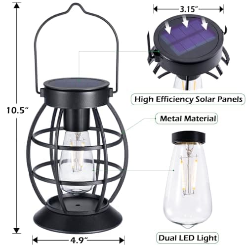 LeiDrail Solar Lantern Outdoor Hanging Waterproof Lights, Metal LED Lanterns Sun Powered Landscape Decor for Table Garden Yard Patio Pathway Porch 4 Pack - Thumbnail 2