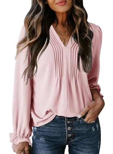 Dokotoo Long Sleeve Shirts for Women Fashion 2026 Fall Tops Dressy Casual Blouses Pleated V Neck Tunic Tops Casual Loose Pink T Shirts Ladies Business Outfits X-Large - Image 1