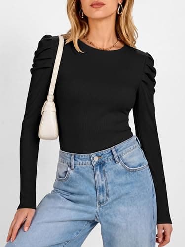 ANRABESS Womens Puff Long Sleeve Shirts, Comfy Stretchy Ribbed Knit Fitted Tops, Trendy Fall Winter Tee for Work & Casual Black Small - Thumbnail 3