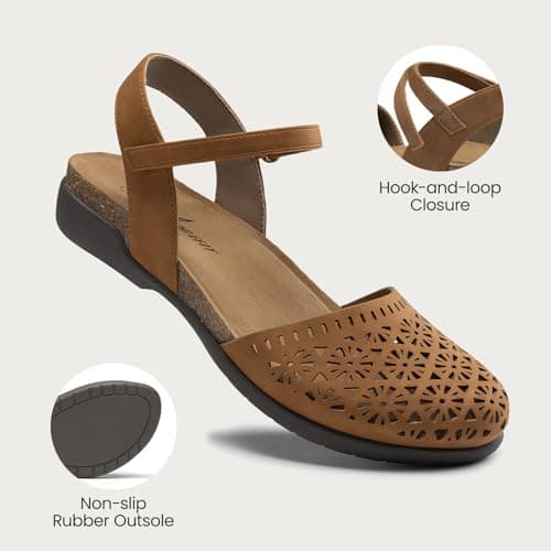 Athlefit Women's Closed Toe Sandals Comfort Cork Footbed Arch Support Flat Sandals Tan Hollow Size 9 - Thumbnail 5