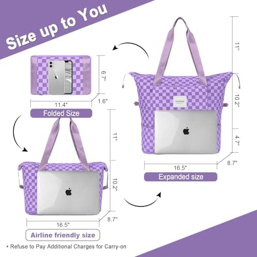 WOOMADA Foldable Travel Duffel, Weekender Bag with Expandable Space, Carry-On for Airplanes, Gym Bag for Women (Lavender Checkerboard) - Thumbnail 2