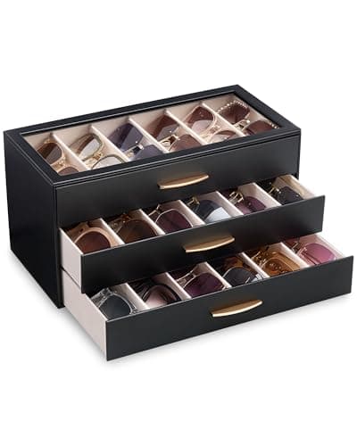 Lolalet 18 Slots Sunglasses Organizer Case for Women, 3-Layer Eyeglass Storage Holder Display Box with Clear Top Lid, Mothers Day Gifts -Black - Image 1