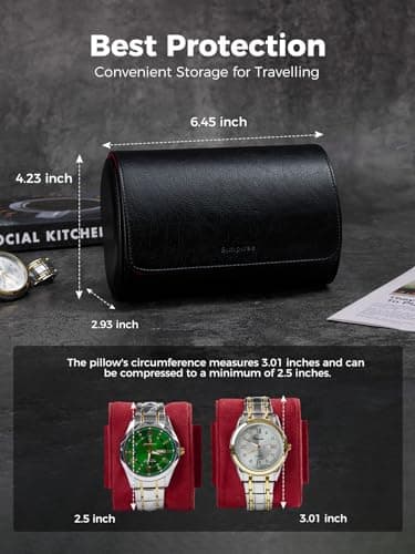 Simpirae Watch Travel Case for Men, PU Leather Watch Roll for 2 Watches, Watch Organizer for Birthday or Christmas, Black/Red - Thumbnail 6