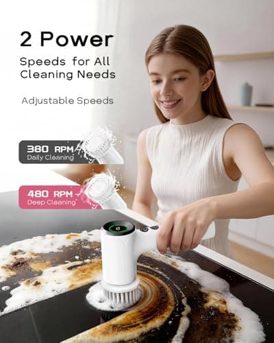 PUFTEM Shower Scrubber, Electric Spin Scrubber for Bathroom Cleaning – Cordless Shower Cleaner Brush with 6 Brush Heads, Dual-Direction Rotation, for Grout, Tile, Tub, Sink & Corners, White - Thumbnail 4