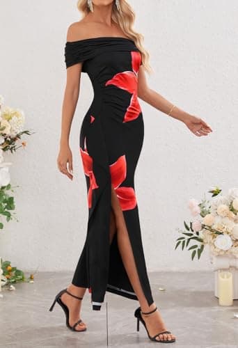 MEROKEETY Women's Floral Off Shoulder Maxi Dresses 2026 Summer High Split Cocktail Wedding Guest Dress, Black, X-Large - Thumbnail 3