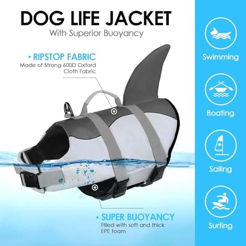 AOFITEE Dog Life Jacket Large, Shark Dog Life Vest for Swimming Boating, High Flotation Reflective Dogs Swimming Vest Lifesaver with Rescue Handle, Pet Swimsuit for Small Medium Large Dogs, L - Thumbnail 6