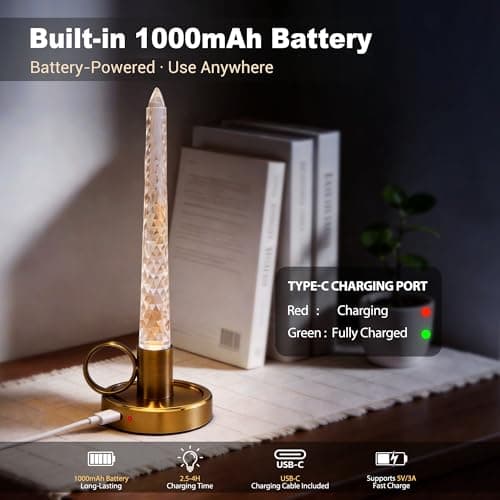 JandCase Flameless Candles, Rechargeable Pillar Candles Battery Operated 2 Pack, LED Acrylic Crystal Electric Candles, Dimmable Small Cordless Table Lamp for Valentines Wedding Centerpiece Decorations - Thumbnail 3