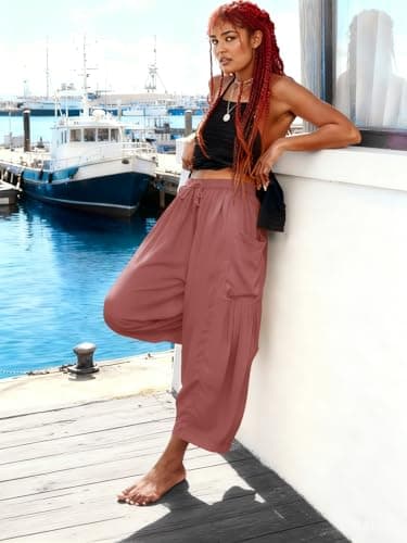 COCOMARTS Womens Linen Wide Leg Palazzo Pants Casual Loose Elastic Drawstring Flowy Pant 2025 Fall Travel Baggy Harem Pants with Pocket Dusty Rose XX-Large - Thumbnail 6