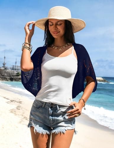 BB&KK Women's Summer Batwing Cardigans Open Front Hollow-Out Knit Cropped Short Sleeve Shrugs Sweater Navy Blue S - Thumbnail 2