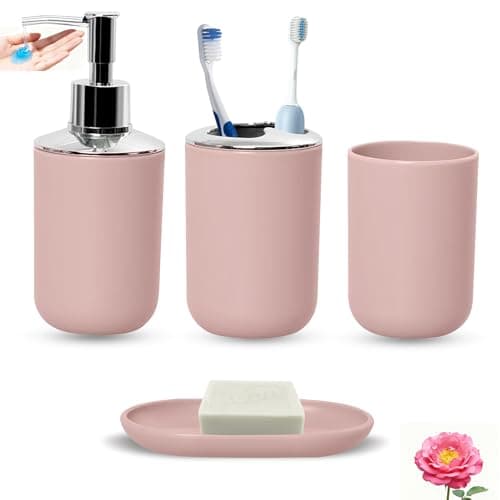 Matte Pink Bathroom Accessories Set, 4 Piece Plastic Bathroom Toothbrush Holder Set, Include Soap Dispenser, Toothbrush Holder, Rinse Cup, Soap Dish, Boho Pink Bathroom Decor for Home, Bathroom Set - Image 1