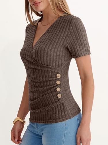 ANRABESS Women Short Sleeve V Neck Shirts,Chocolate Brown,XS - Thumbnail 5