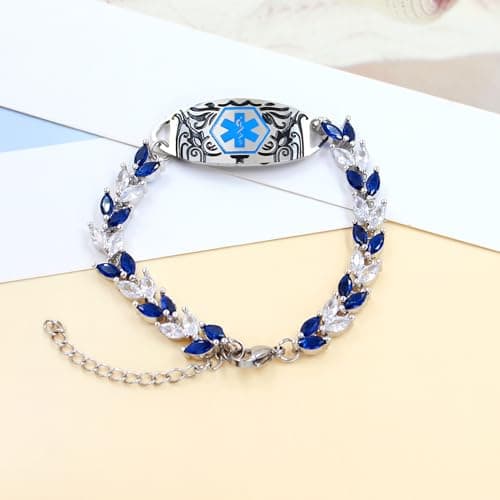 Blue & White Leaf CZ Medical Alert Bracelet for Women | Dynamic QR Code or Custom Engraved ID Jewelry | Emergency Contact Allergy Health Info Stainless Steel & Copper Adjustable Wristband (Text Engraving) - Thumbnail 4