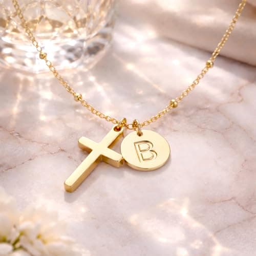 Fohufo Gold Cross Necklace for Women - Easter Basket Stuffers for Adult, Christian Gifts for Women Gold Cross Necklace, Initial Necklaces, Easter Christian Birthday Gifts, E Initial Necklaces - Thumbnail 6