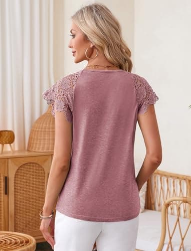 Angashion Womens Tops Lace Short Sleeve Casual V Neck Tunic with Button Summer Elegant Business Work Blouse Dirty Rose X-Large - Thumbnail 6