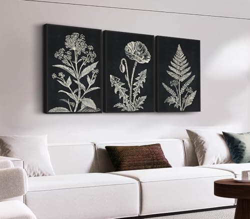 Large Framed Botanical Wall Art, Minimalist Floral Canvas Prints, Black and White Farmhouse Plant Artwork Flower Pictures for Living Room Bathroom Bedroom Office Décor 20"x28"x3Pcs - Image 1