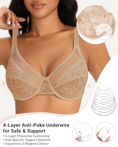 As Fairy Womens Minimizer Unlined Lace Bra 1mm Ultra Thin Sheer Breathable Full Coverage Underwire Plus Size Bras(Warm Beige 36D) - Thumbnail 3