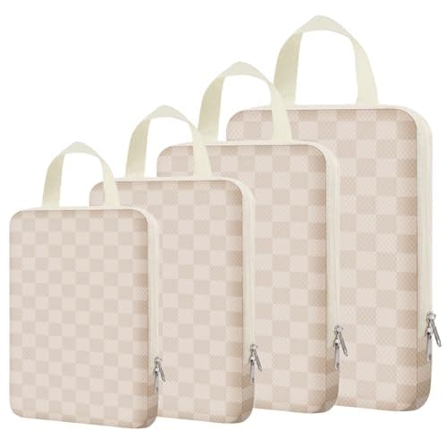 NBERMOTION 4 Set Expandable Compression Packing Cubes for 3–7 Day Travel, Solid & Plaid Fabric Travel Organizers, Double-Zipper Storage Bags for Carry-On & Suitcases(4set-Cream Beige)